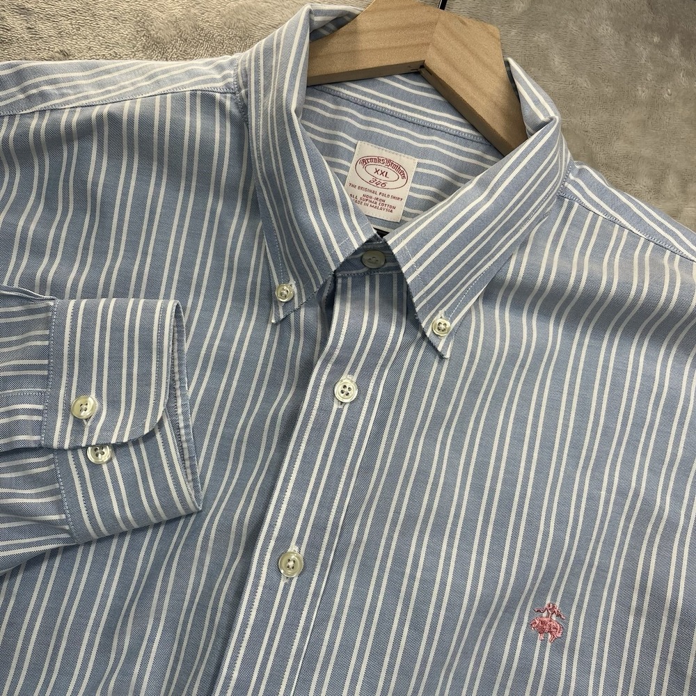 Brooks Brothers 346 Shirt Mens 2XL Logo Blue Striped Supima Cotton Long Sleeve